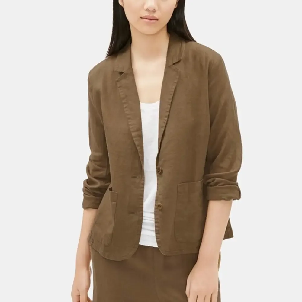 Eileen Fisher Organic Linen Olive Green Notch Collar Blazer Jacket Size XL